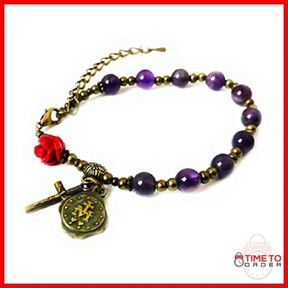 Amethyst Stone Rosary Bracelet Set with Immaculate Heart of Mary Centerpiece